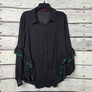Red BKE Black Polka Dot Ruffle Button Blouse M